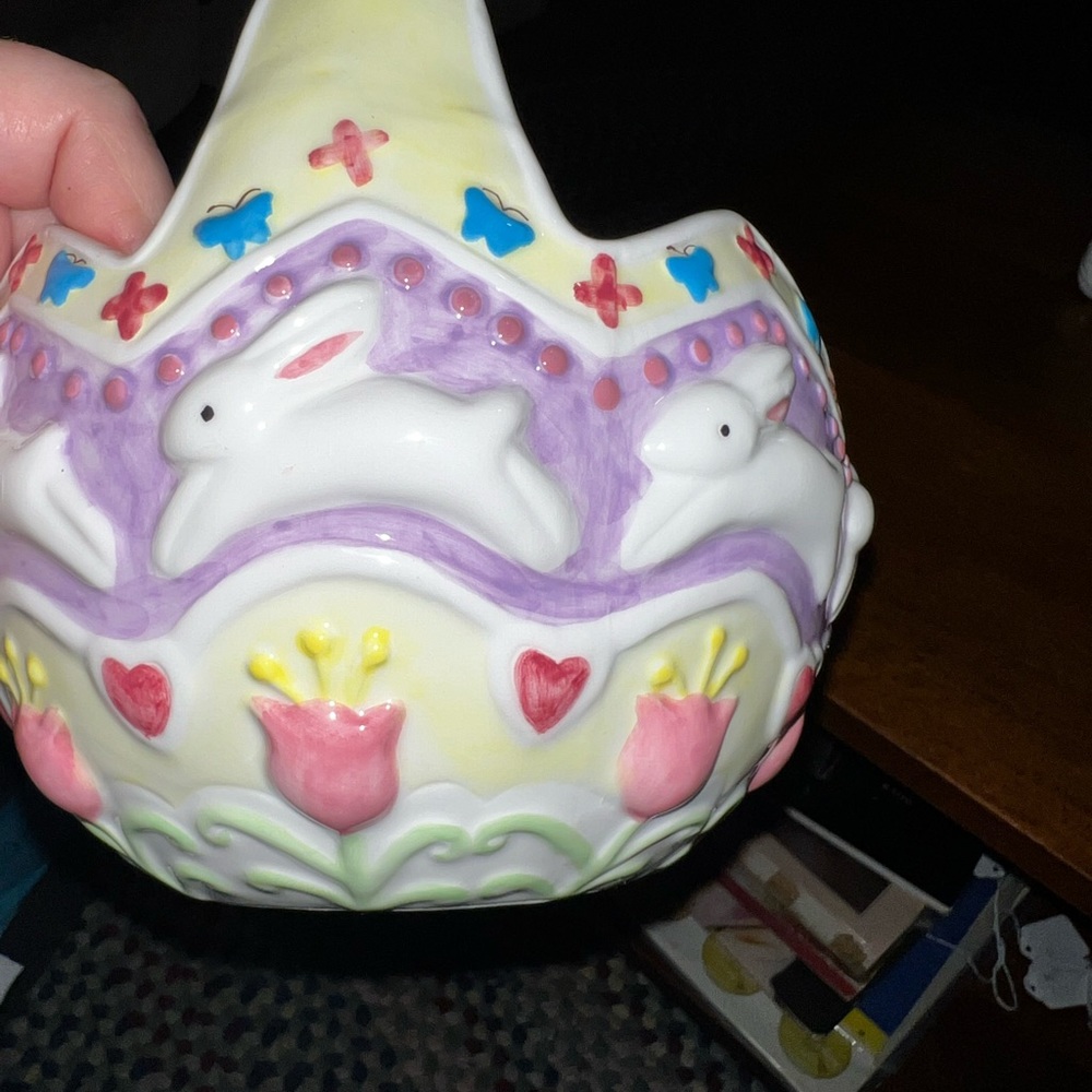 Ceramic Multicolored Easter Basket With Rabbit And Flowers - Picture 9 of 10